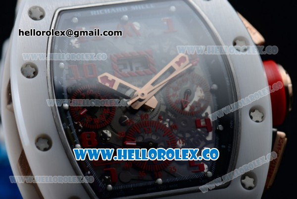 Richard Mille RM 011 Felipe Massa Chronograph Swiss Valjoux 7750 Automatic Ceramic Rose Gold Case with Black Dial Red Arabic Numeral Markers and White Rubber Strap - Click Image to Close